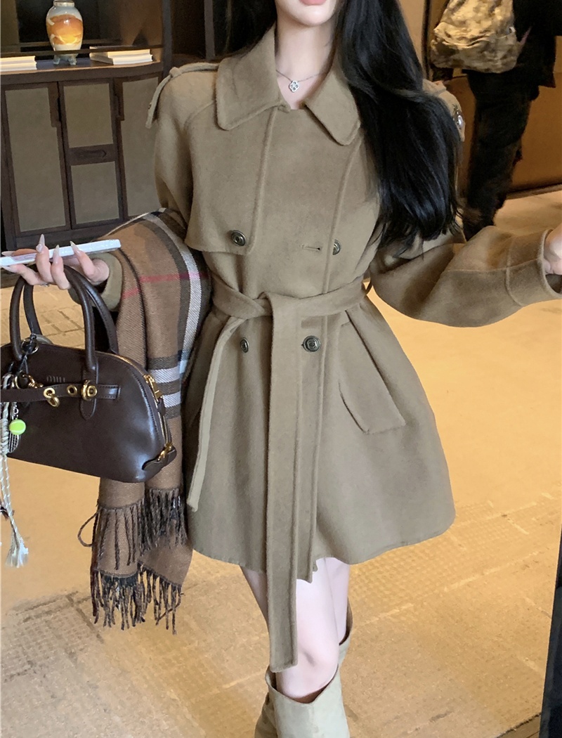 Pinched waist woolen coat retro overcoat for women