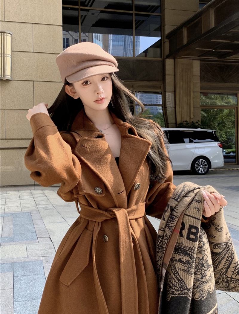Pinched waist woolen coat retro overcoat for women