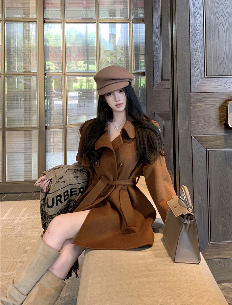 Pinched waist woolen coat retro overcoat for women