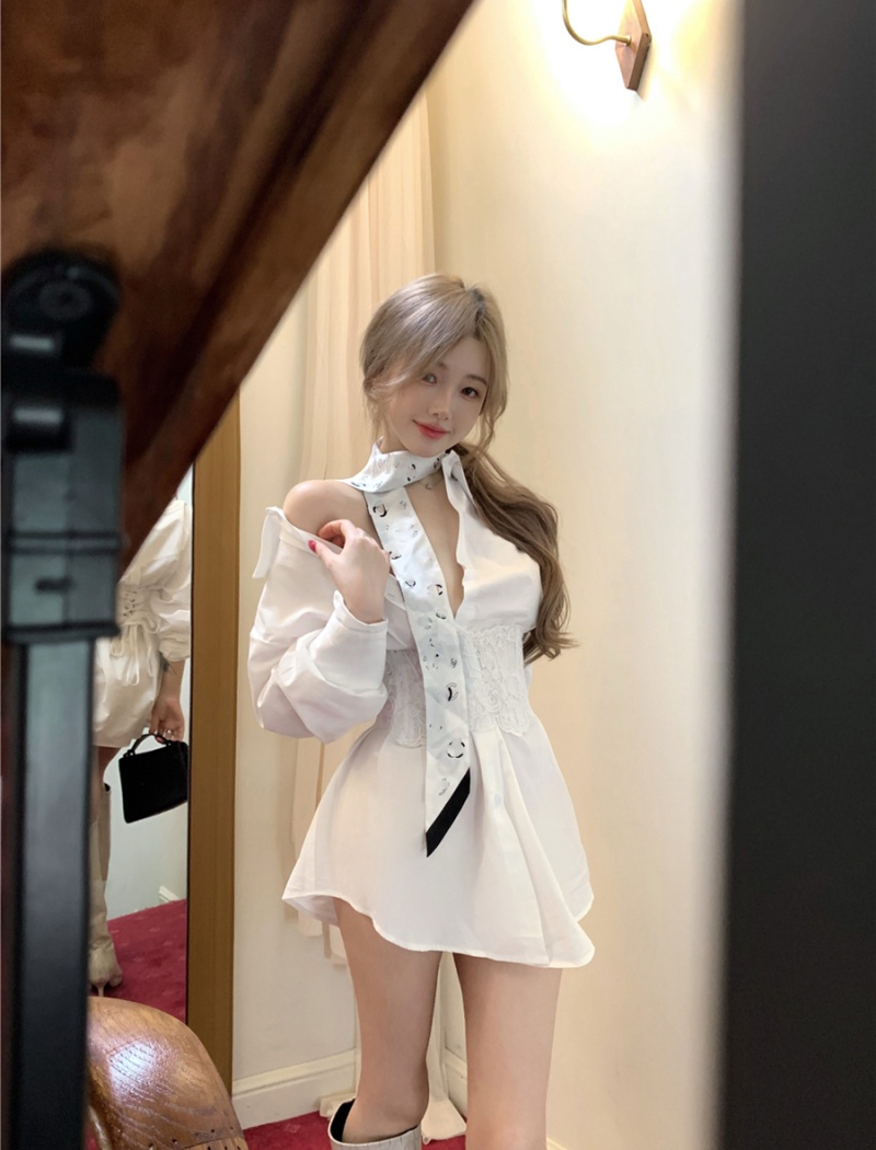 Lace retro sexy shirt long sleeve temperament tops for women
