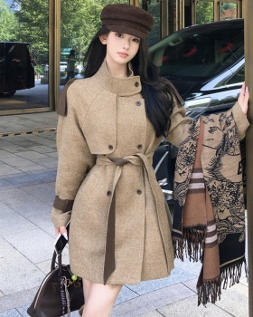 Woolen retro cstand collar coat for women
