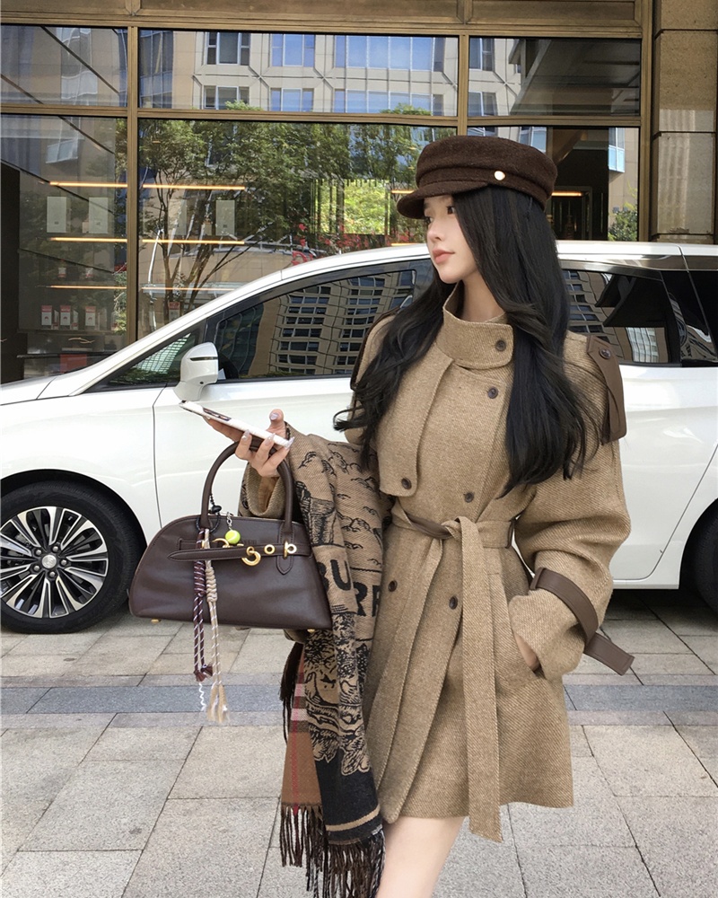 Woolen retro cstand collar coat for women