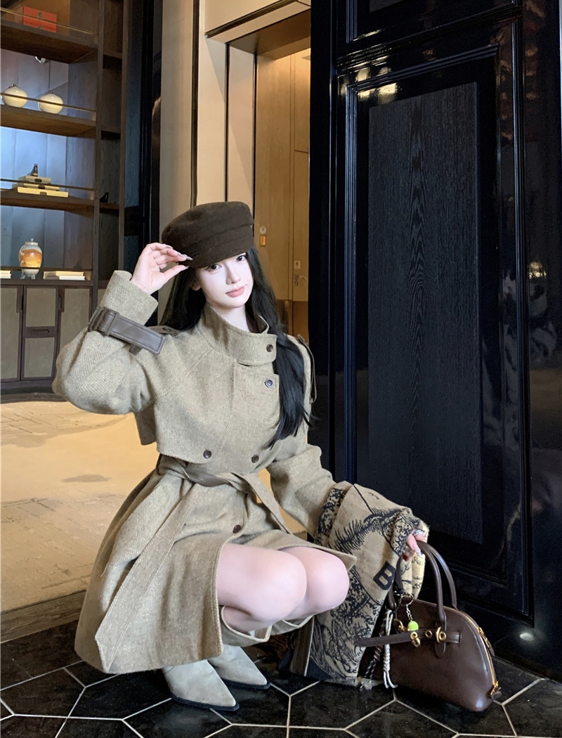 Woolen retro cstand collar coat for women