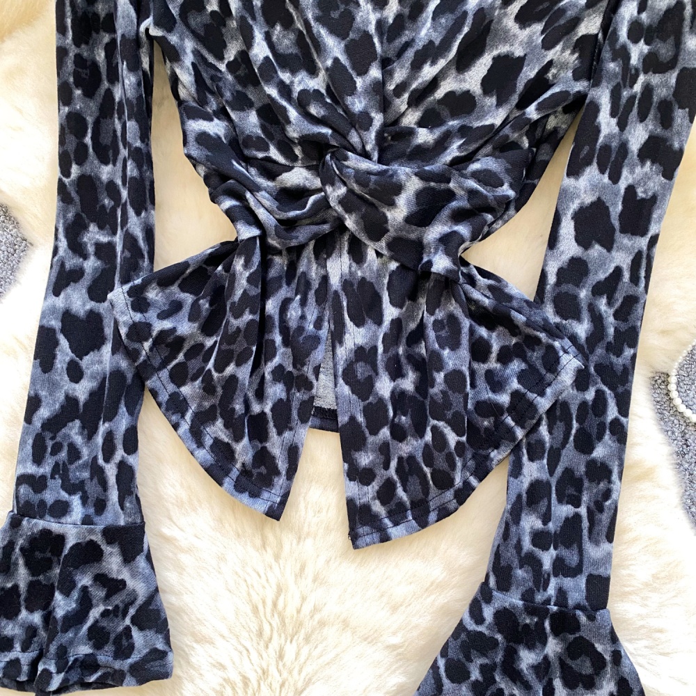 Split retro leopard shirt printing autumn tops