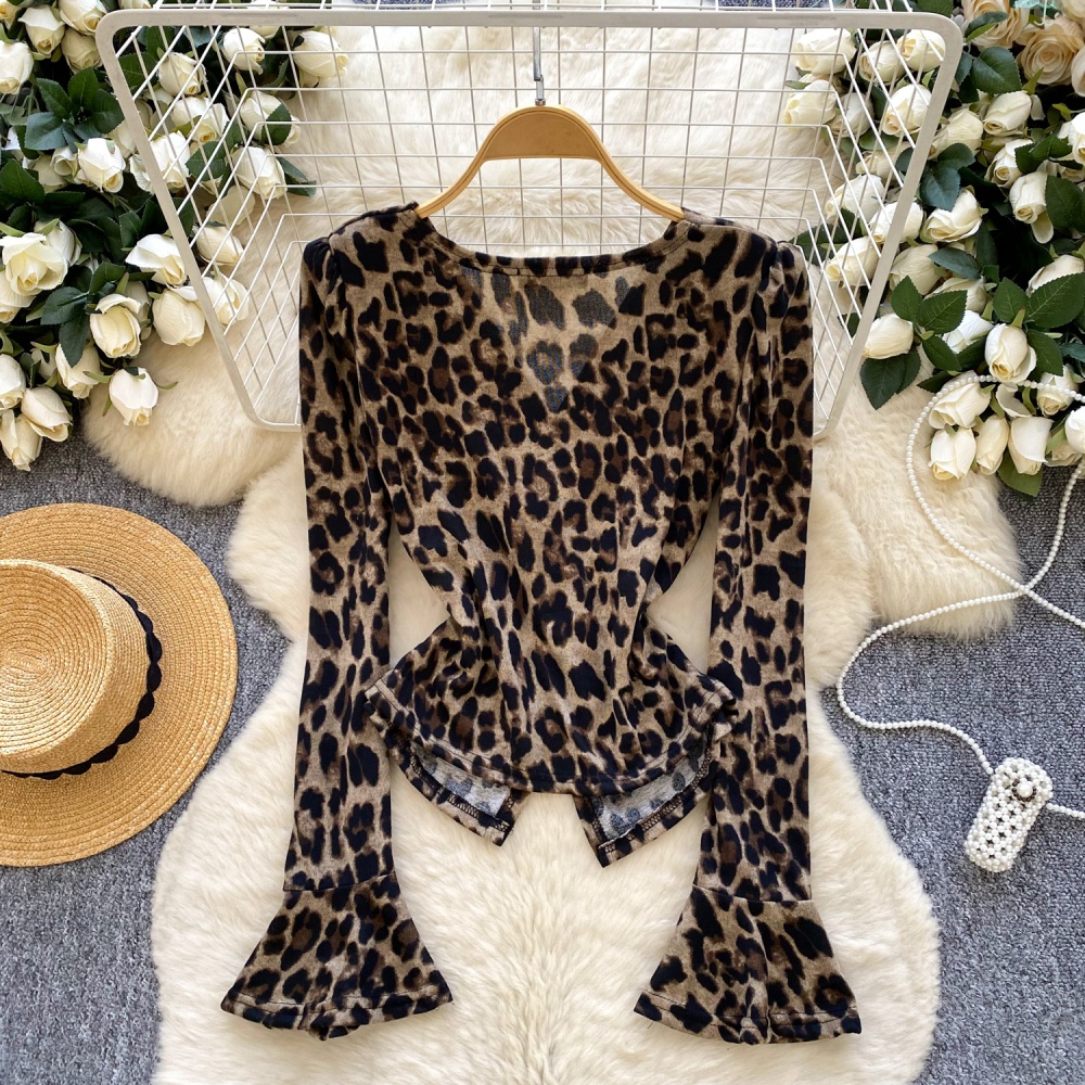 Split retro leopard shirt printing autumn tops
