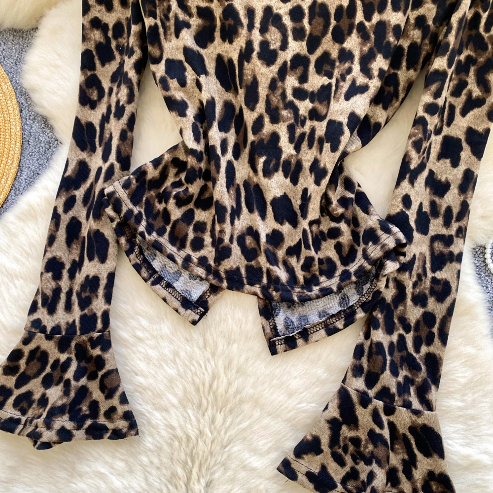 Split retro leopard shirt printing autumn tops