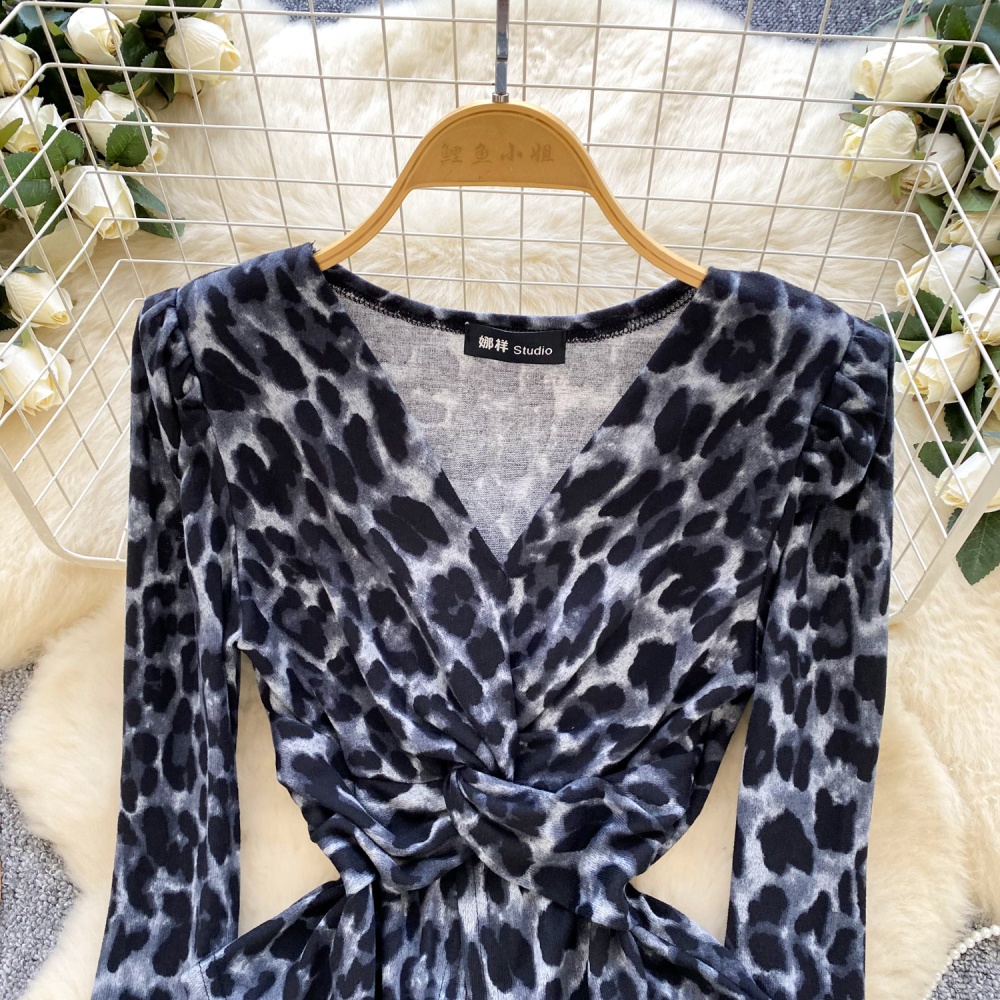 Split retro leopard shirt printing autumn tops