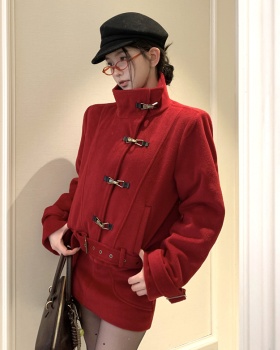 Package hip long sleeve skirt cstand collar woolen coat a set