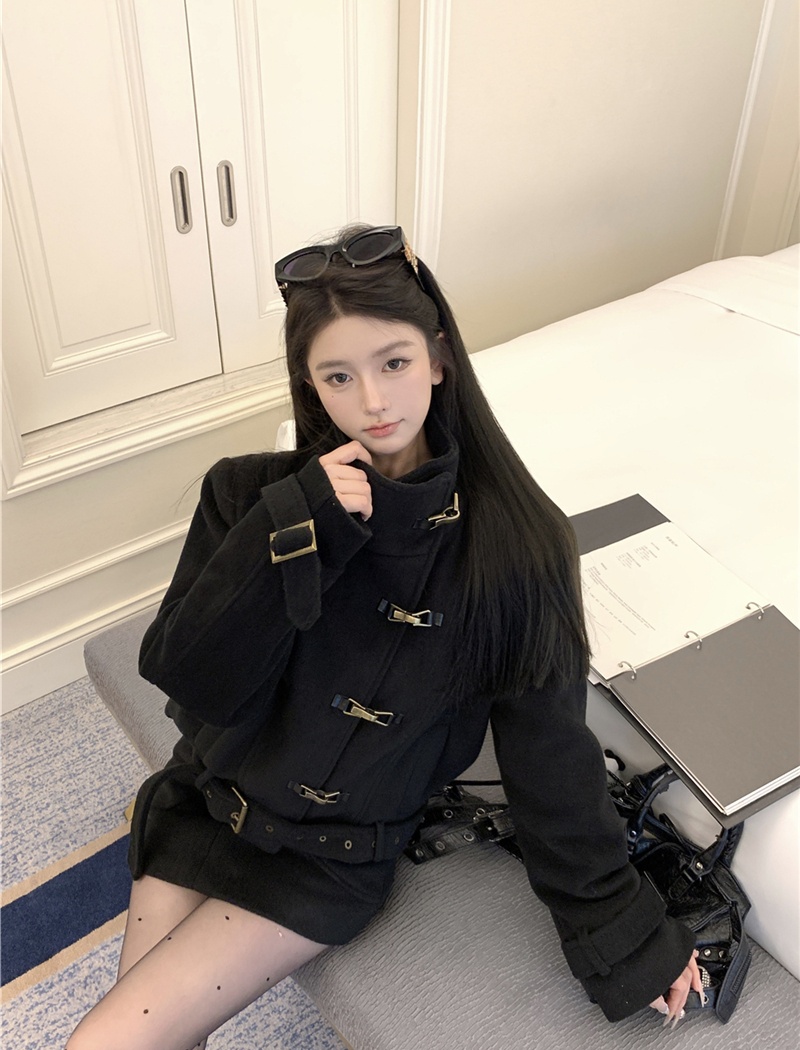 Package hip long sleeve skirt cstand collar woolen coat a set