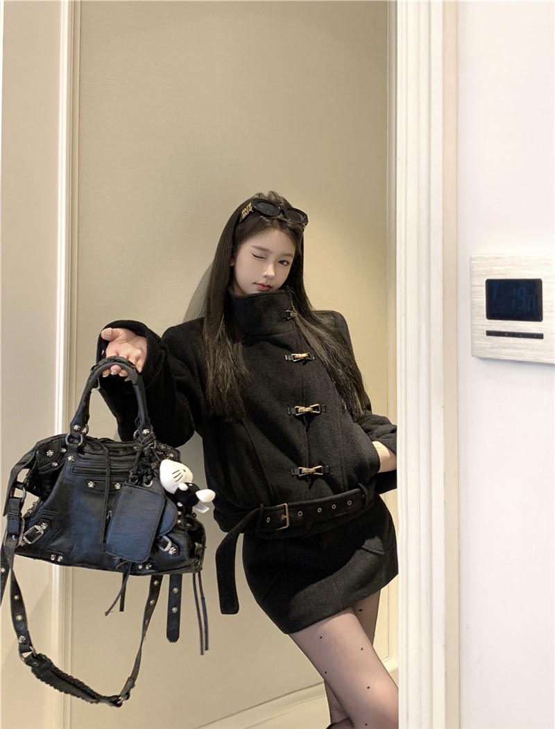 Package hip long sleeve skirt cstand collar woolen coat a set