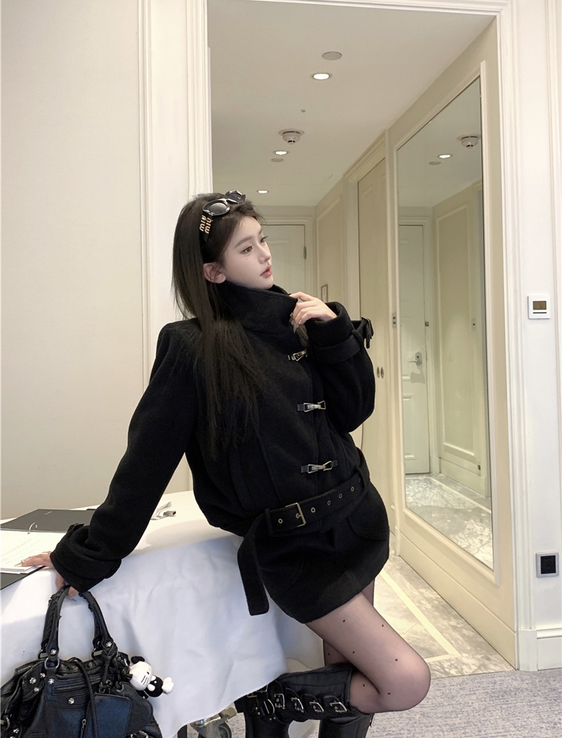 Package hip long sleeve skirt cstand collar woolen coat a set