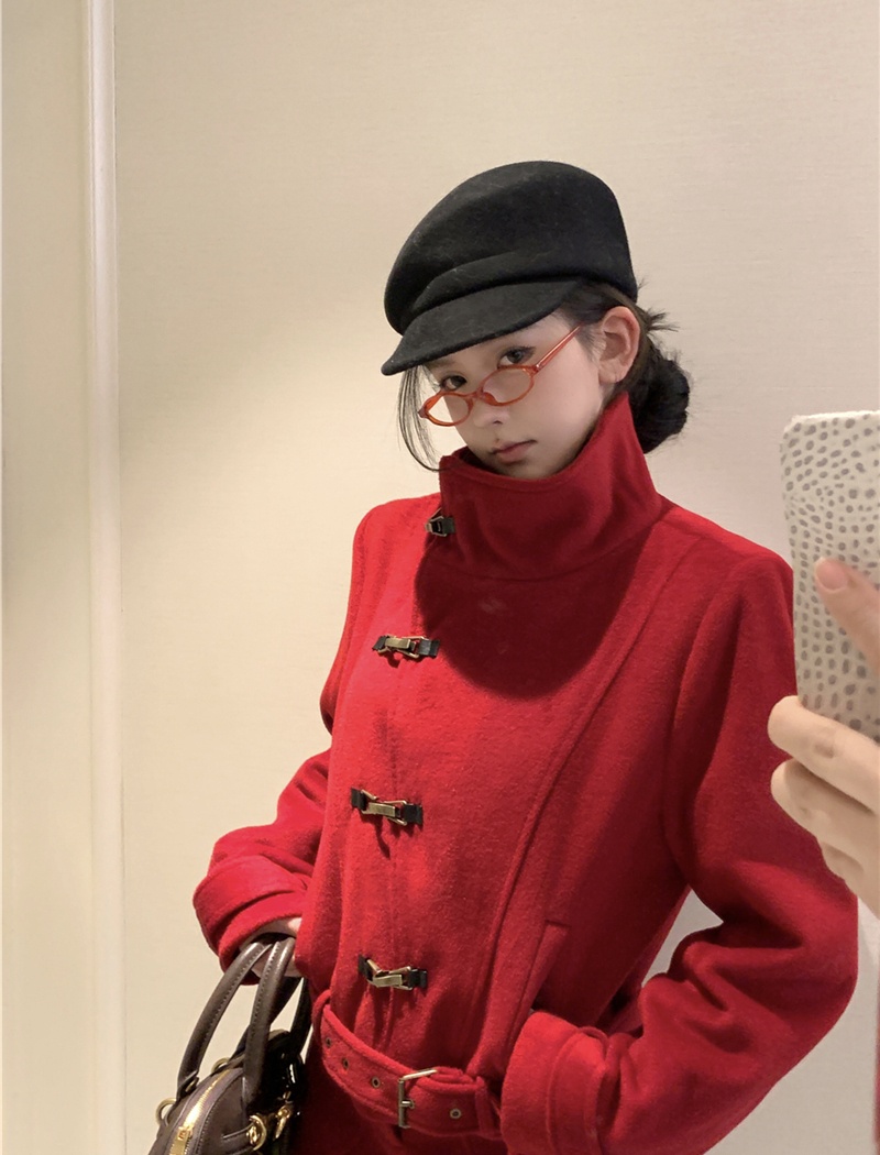 Package hip long sleeve skirt cstand collar woolen coat a set