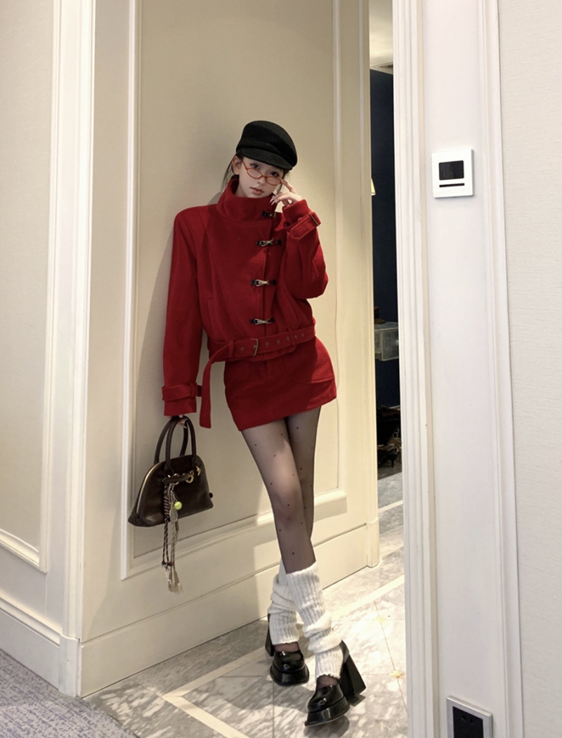 Package hip long sleeve skirt cstand collar woolen coat a set