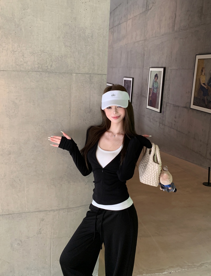 Sexy all-match coat zip long pants 3pcs set for women
