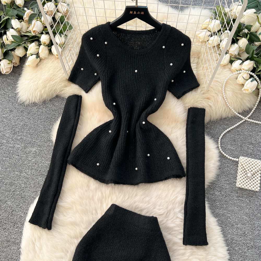 Beading sweater knitted skirt a set for women