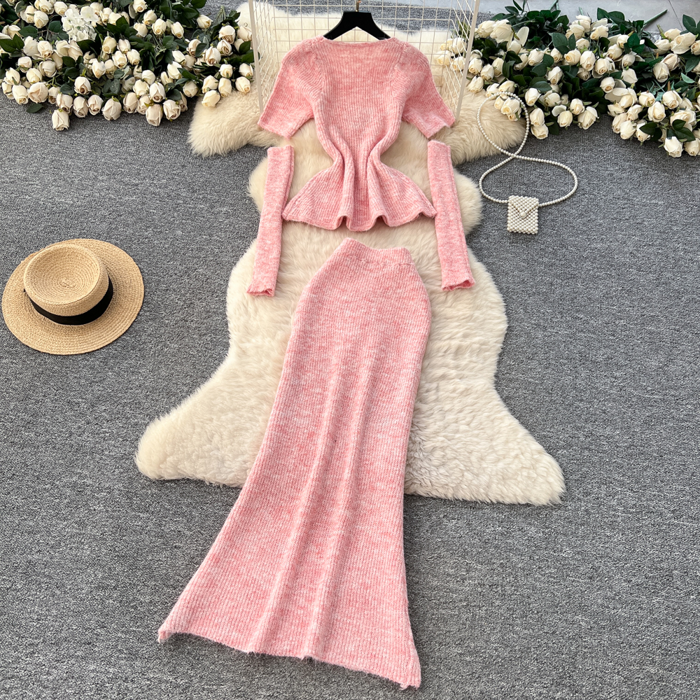 Beading sweater knitted skirt a set for women