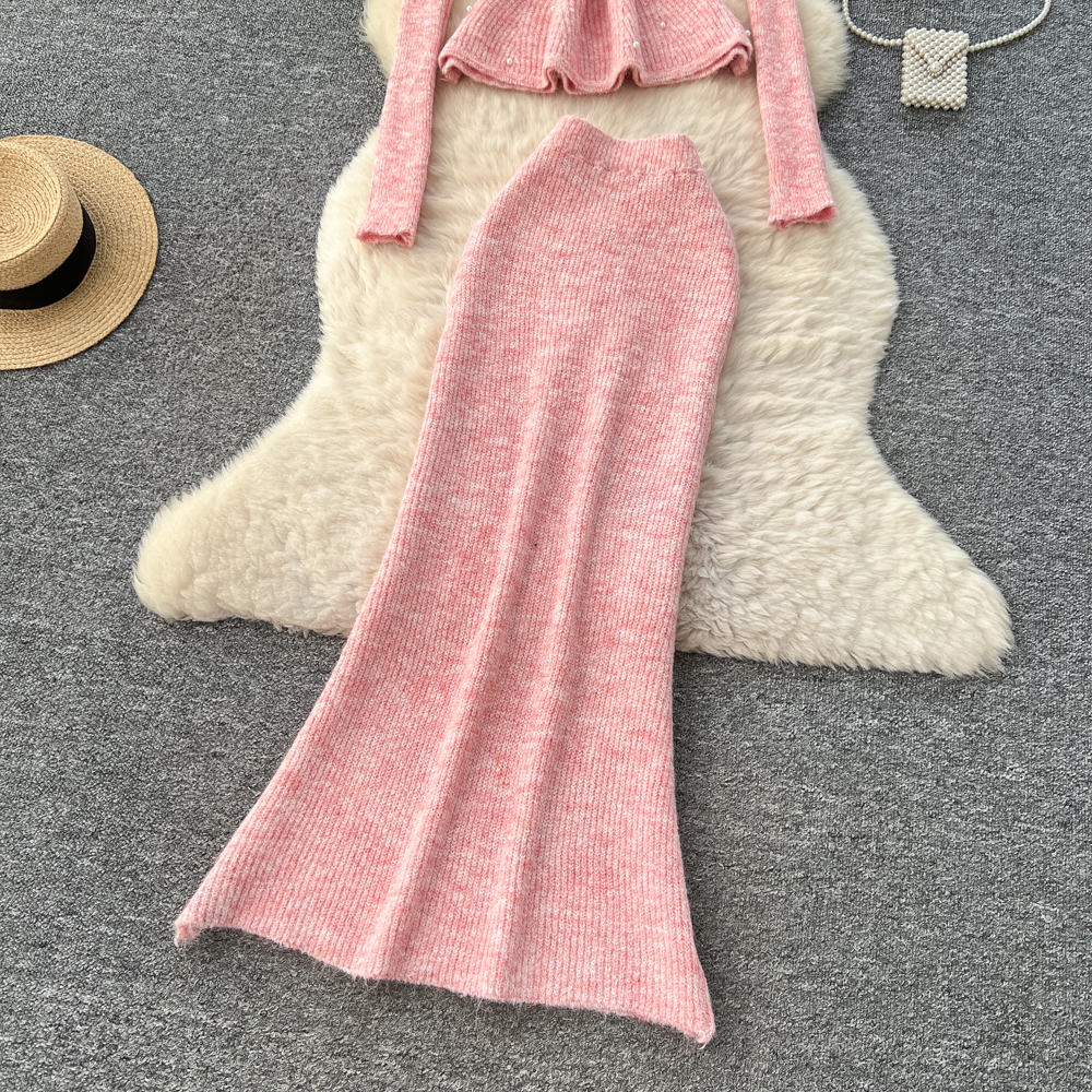 Beading sweater knitted skirt a set for women