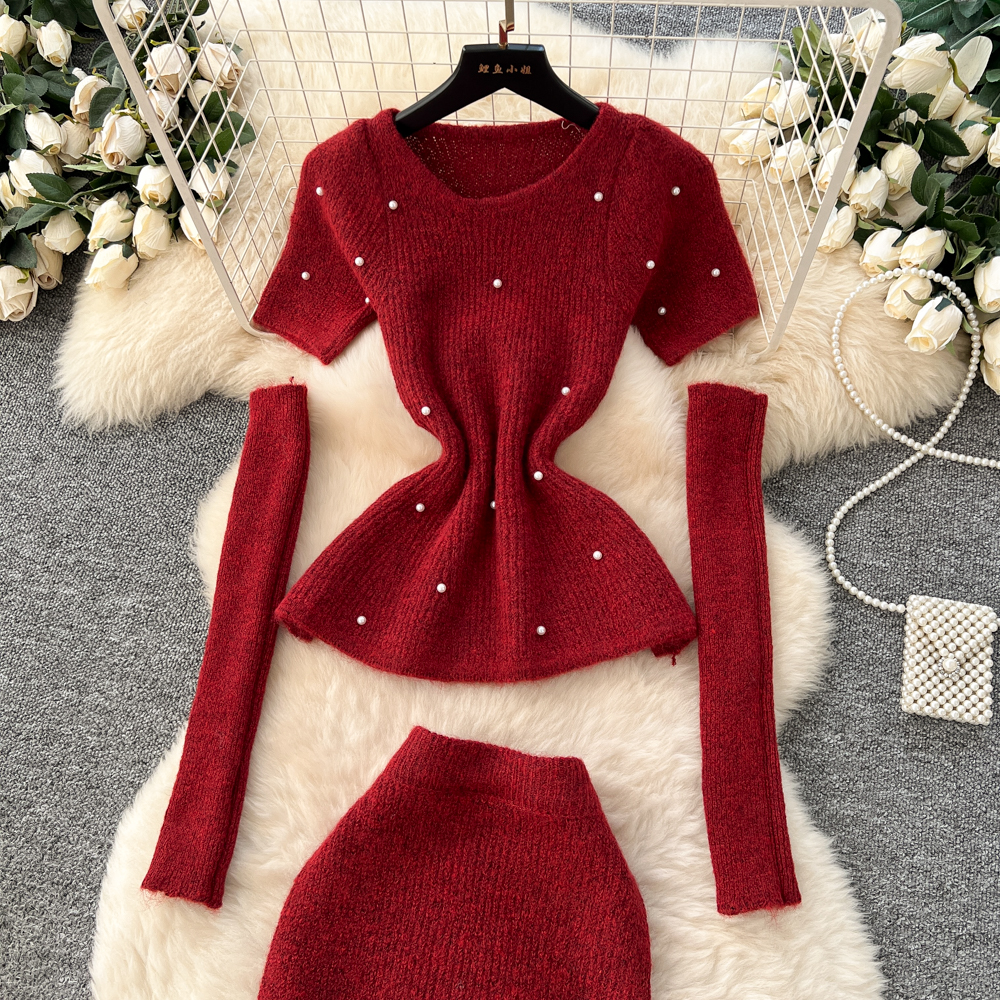 Beading sweater knitted skirt a set for women
