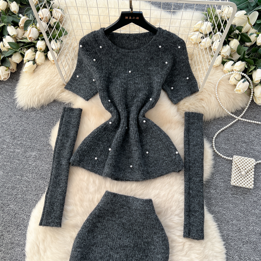 Beading sweater knitted skirt a set for women