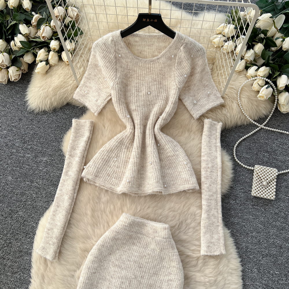 Beading sweater knitted skirt a set for women