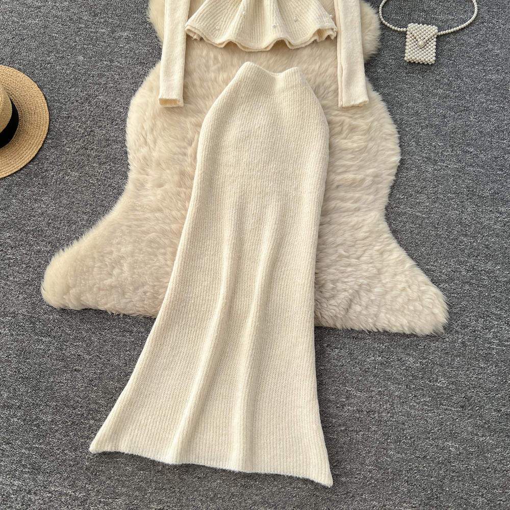 Beading sweater knitted skirt a set for women