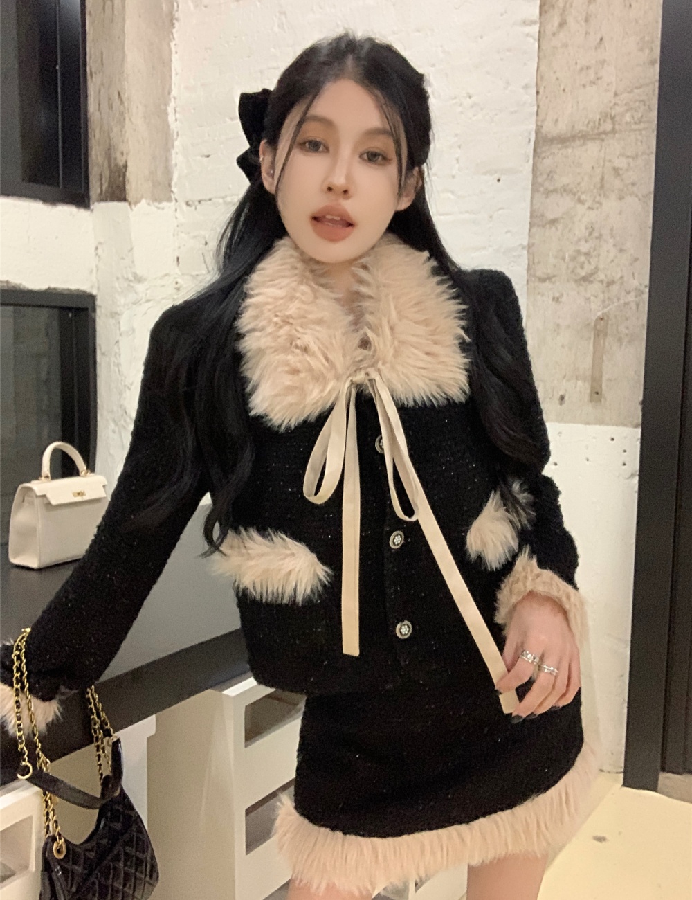 Splice short skirt autumn and winter coat a set