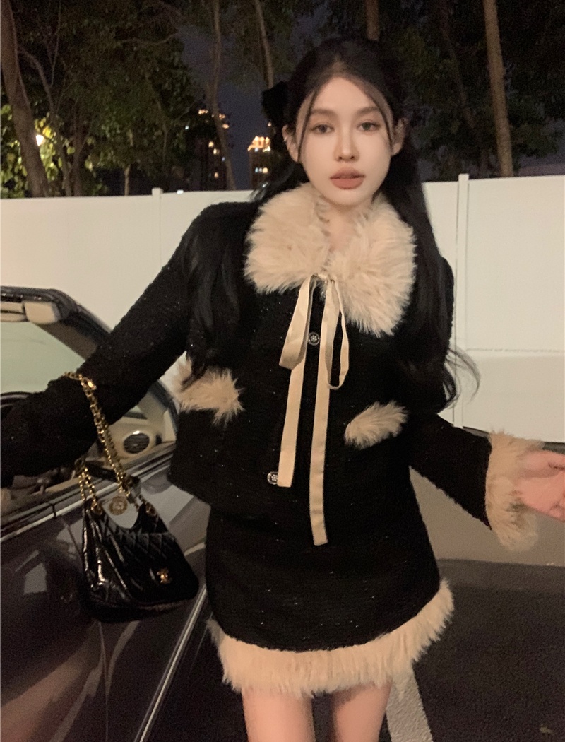 Splice short skirt autumn and winter coat a set