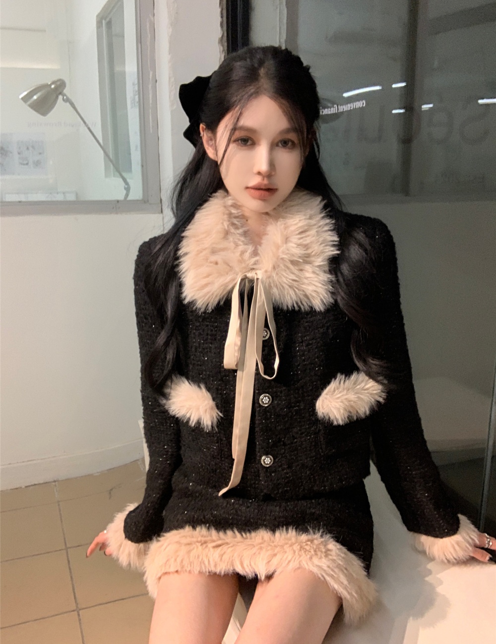 Splice short skirt autumn and winter coat a set
