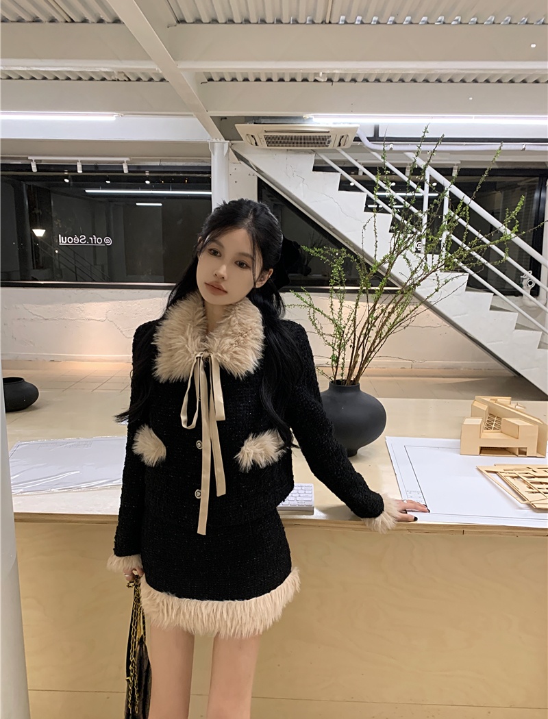 Splice short skirt autumn and winter coat a set