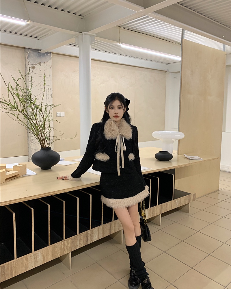 Splice short skirt autumn and winter coat a set