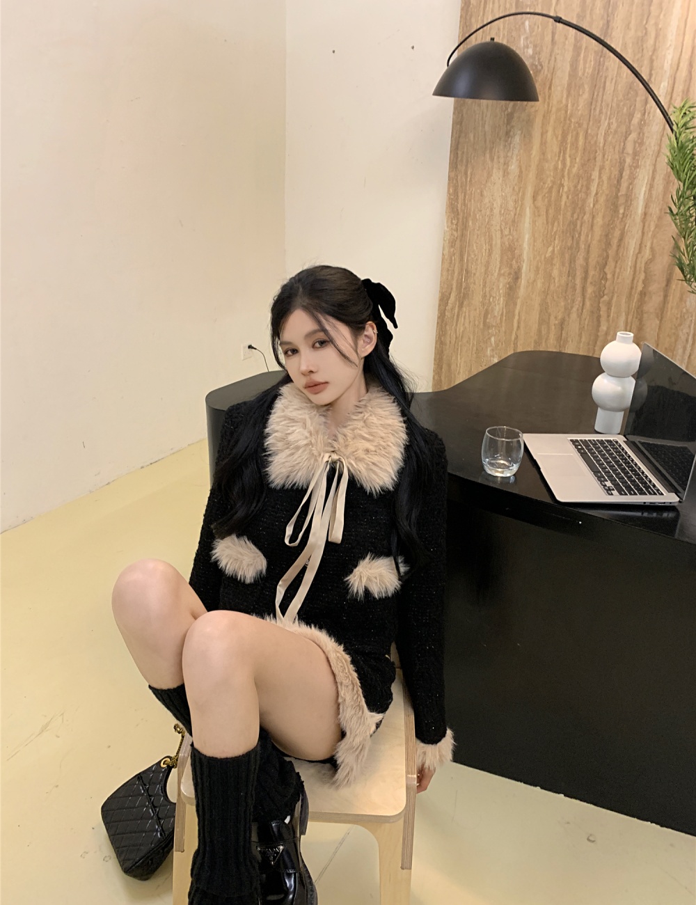 Splice short skirt autumn and winter coat a set