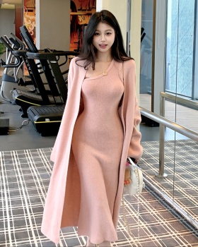 Wrapped chest sweater split coat 2pcs set