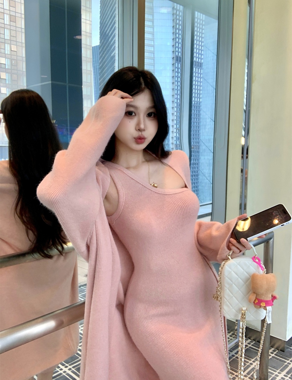 Wrapped chest sweater split coat 2pcs set