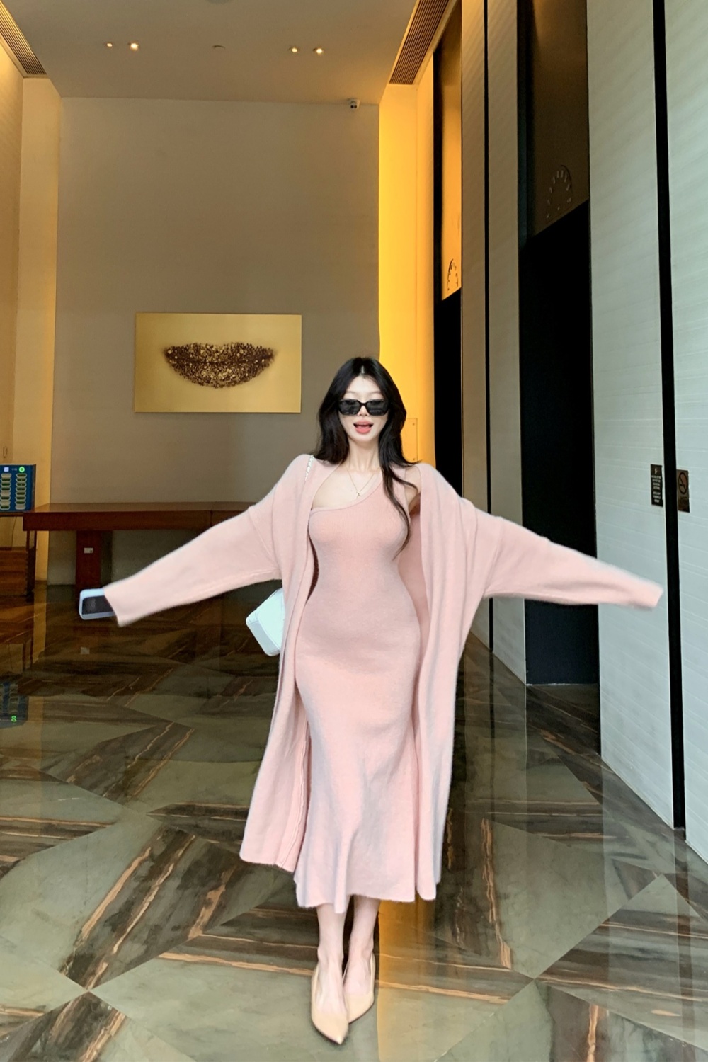 Wrapped chest sweater split coat 2pcs set