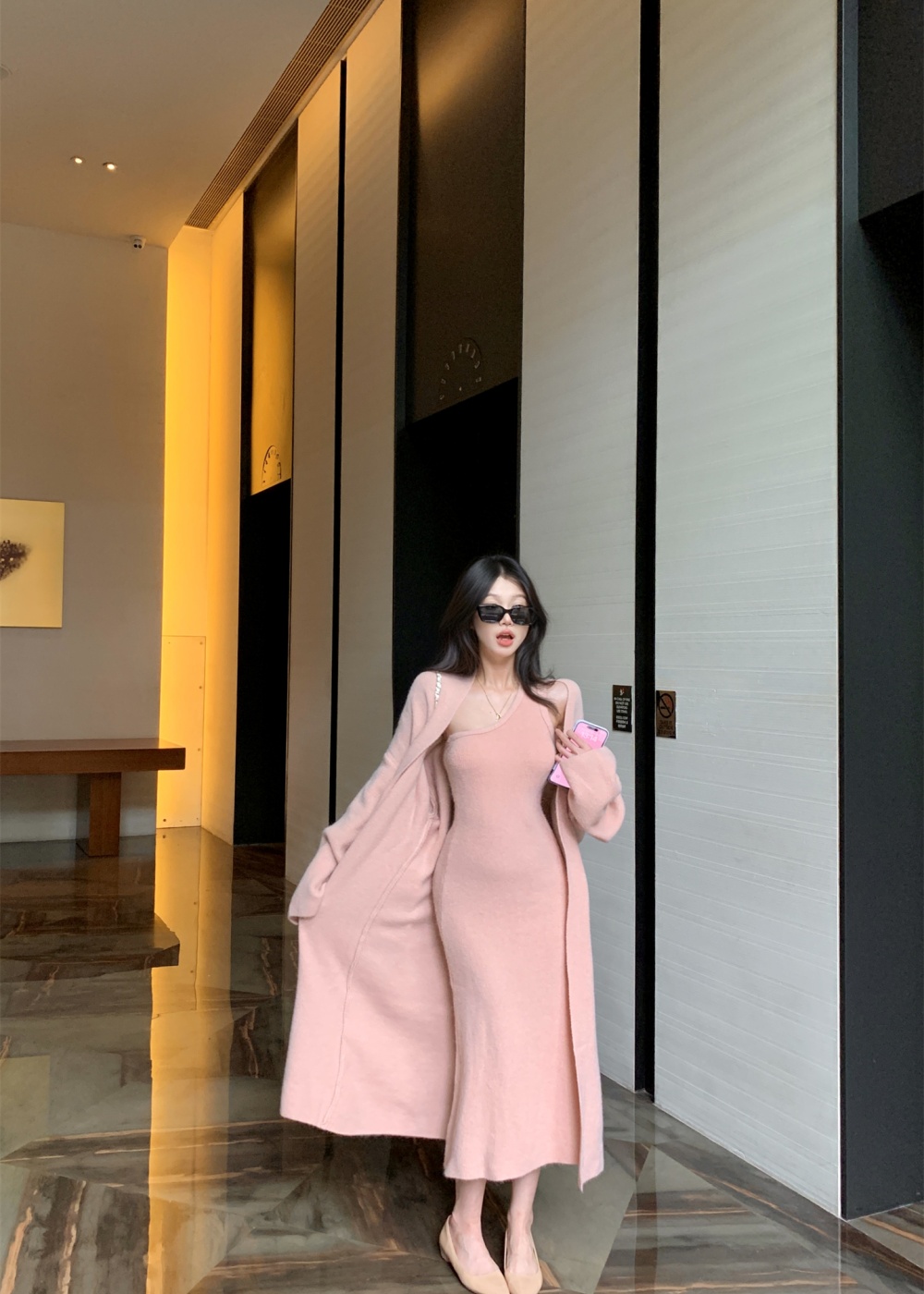 Wrapped chest sweater split coat 2pcs set