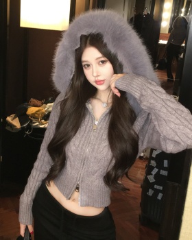 Fox fur collar twist hooded knitted coat for women
