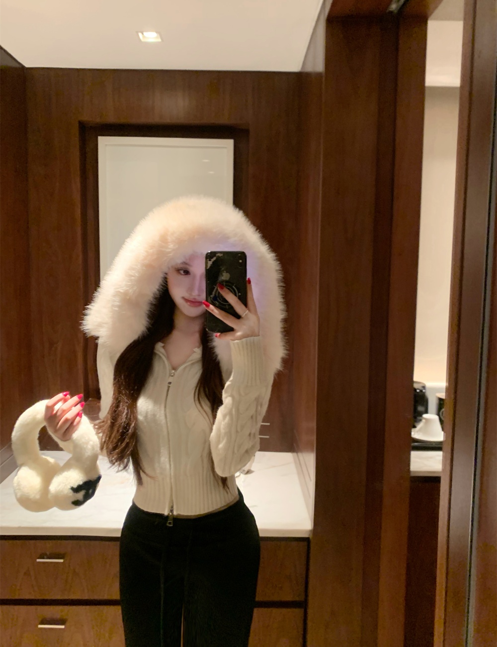 Fox fur collar twist hooded knitted coat for women
