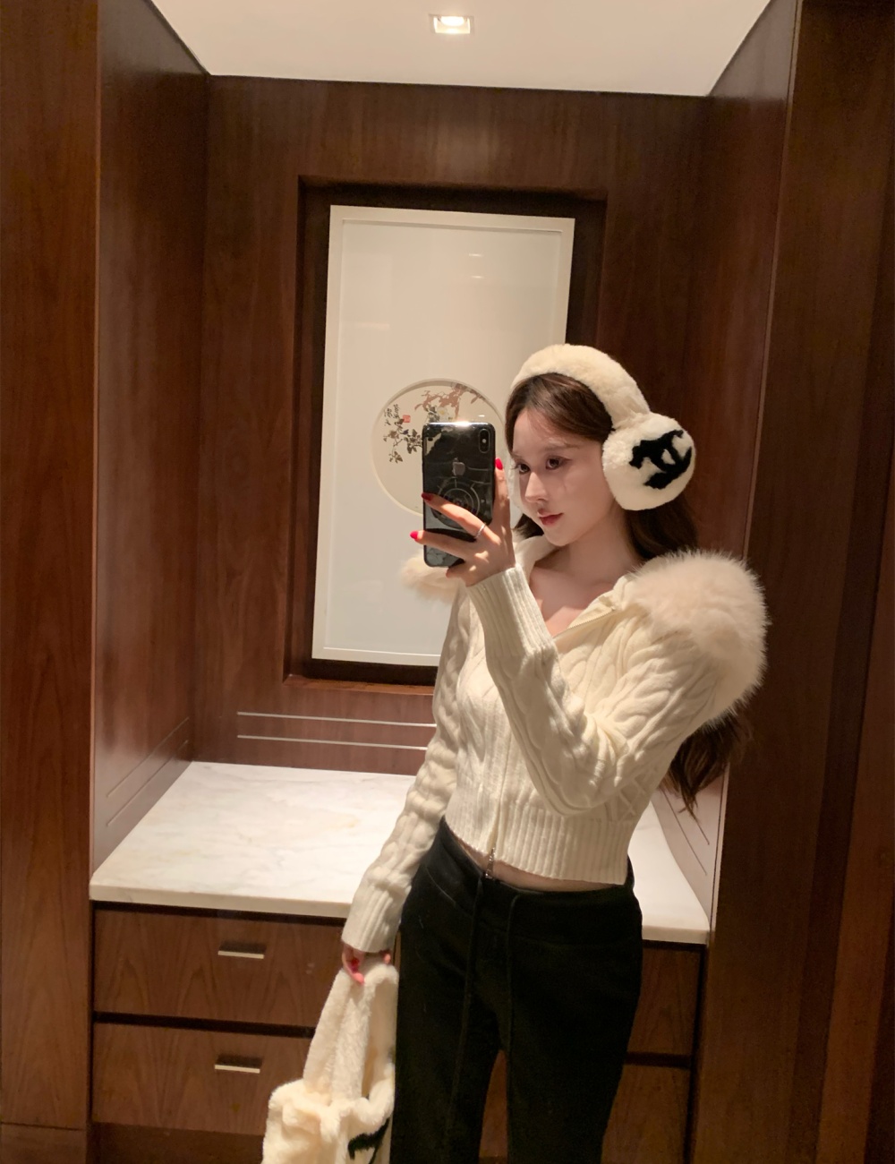 Fox fur collar twist hooded knitted coat for women