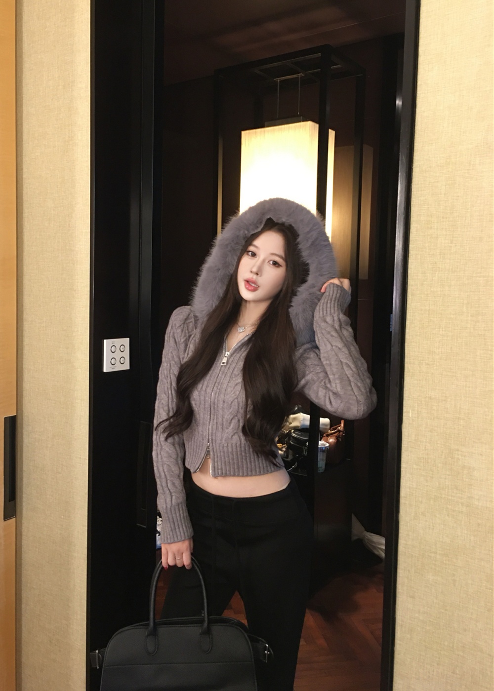 Fox fur collar twist hooded knitted coat for women
