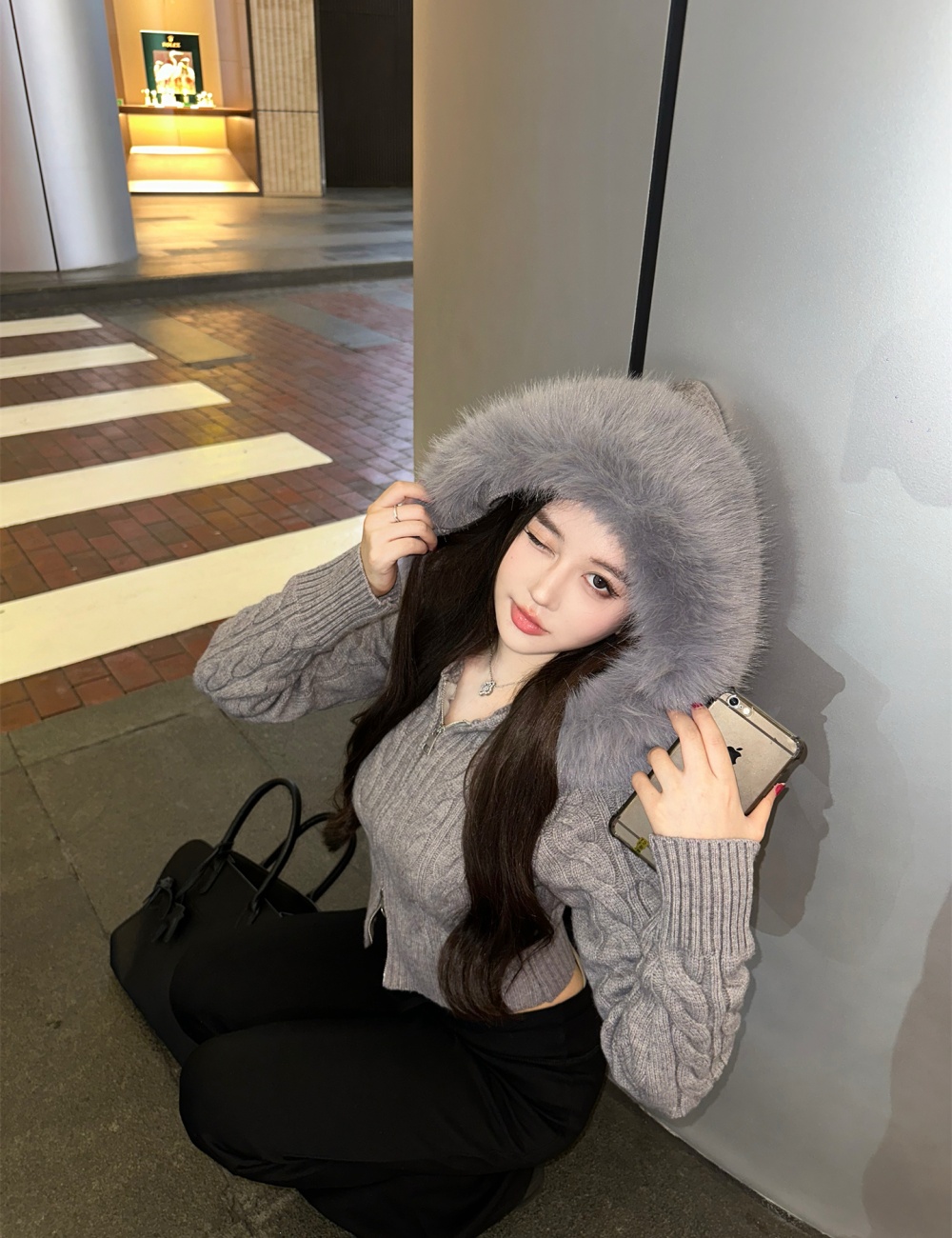 Fox fur collar twist hooded knitted coat for women