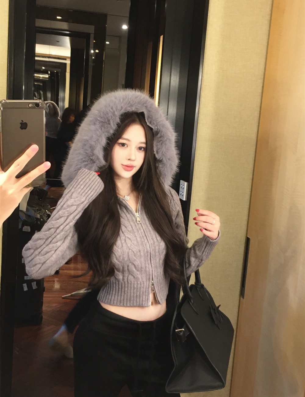 Fox fur collar twist hooded knitted coat for women