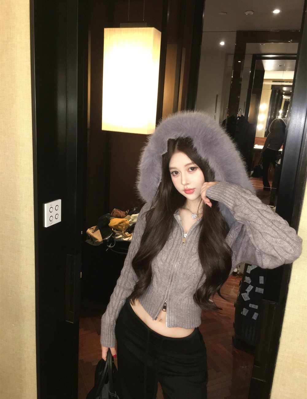 Fox fur collar twist hooded knitted coat for women