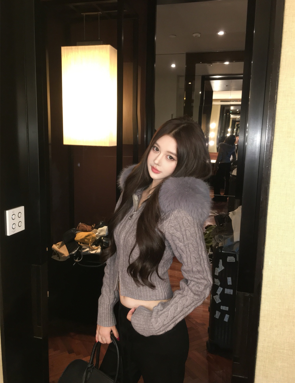 Fox fur collar twist hooded knitted coat for women