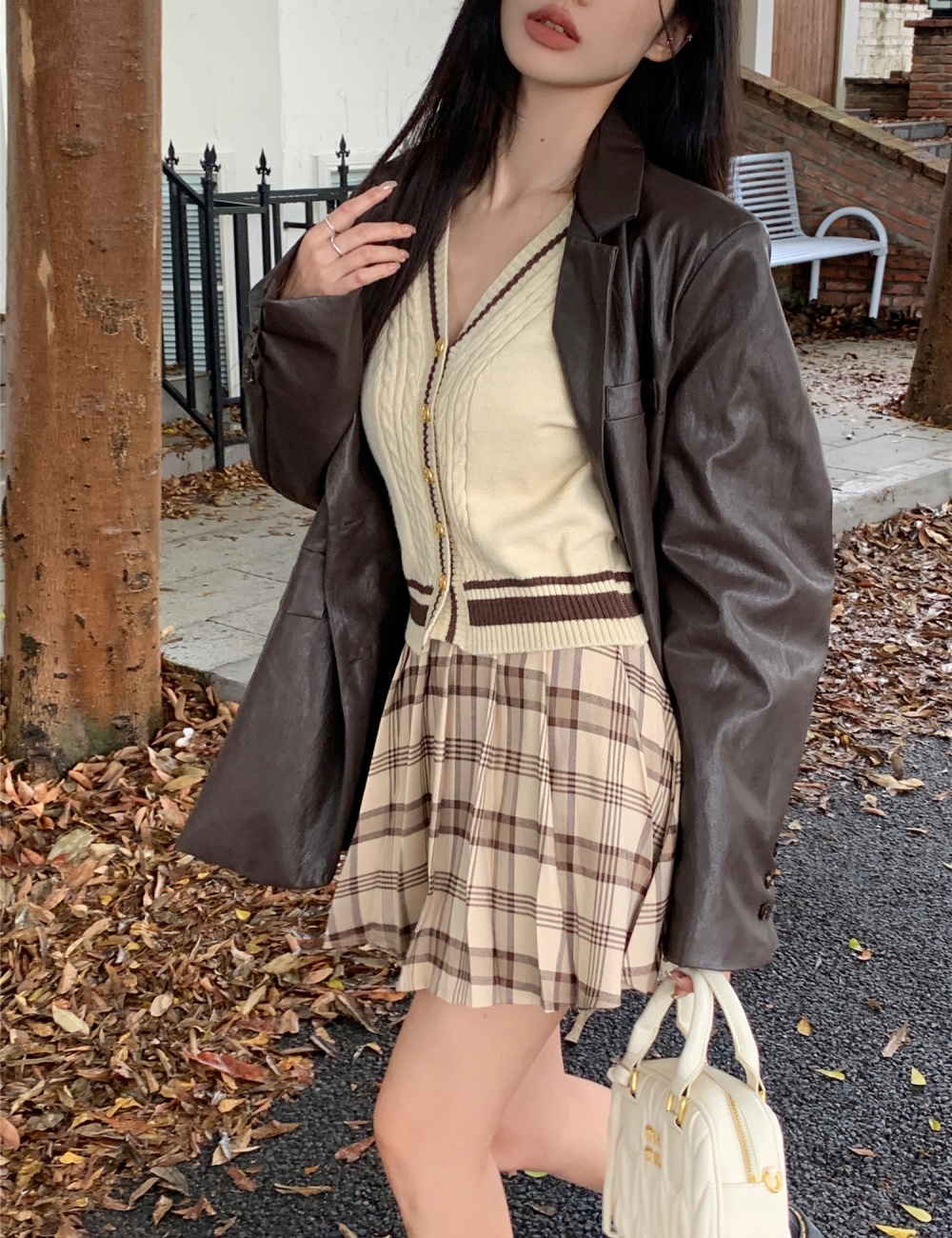 Autumn and winter loose coat retro leather face business suit