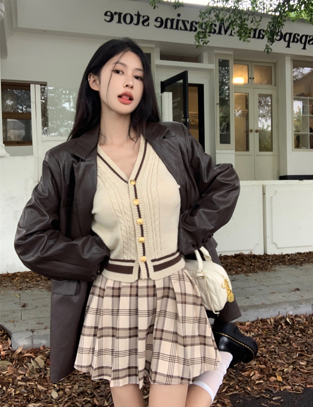Autumn and winter loose coat retro leather face business suit