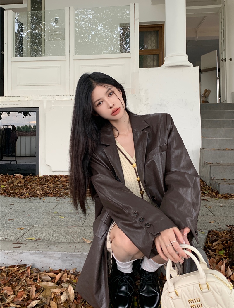 Autumn and winter loose coat retro leather face business suit