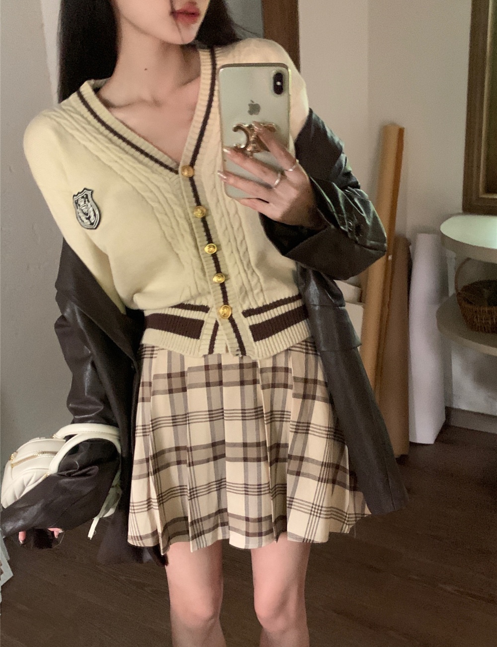 Embroidery pleated tops plaid short skirt 2pcs set
