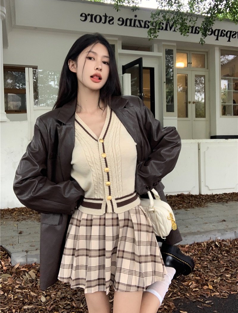 Embroidery pleated tops plaid short skirt 2pcs set