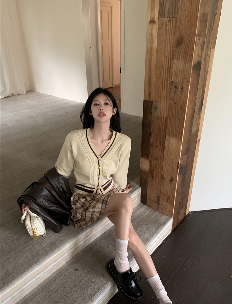 Embroidery pleated tops plaid short skirt 2pcs set