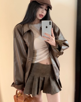 Short pleated leather skirt high waist coat 2pcs set